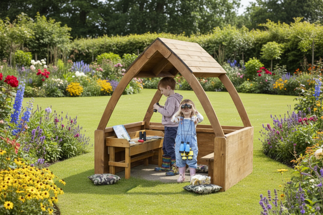 Two children playing inside a wooden playhouse with a brick wall background.