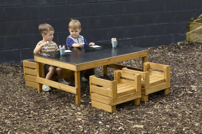 Windmill H Crate Chalk Table + H Crate Seats - 46 x 80 x 115cm | Outdoor Learning | Playground | Forest School | Mark Making | Imaginative Play | Seating
