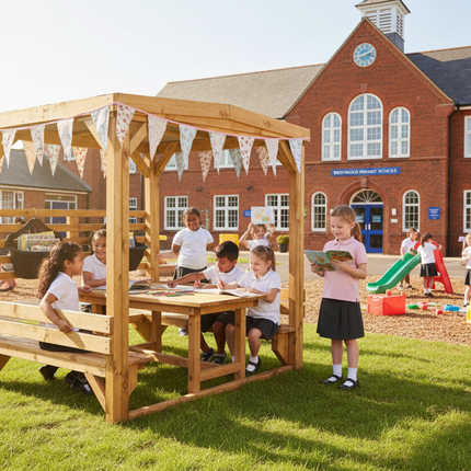 Outdoor Wooden Learning Shelter + Table & Benches - Key Stage 2 - Outdoor | Forest School | Garden | Social Interaction | Playground | Group