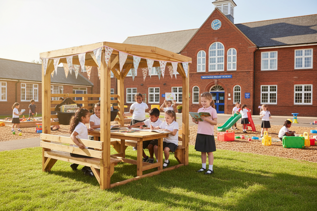 Outdoor Wooden Learning Shelter + Table & Benches - Key Stage 2 - Outdoor | Forest School | Garden | Social Interaction | Playground | Group