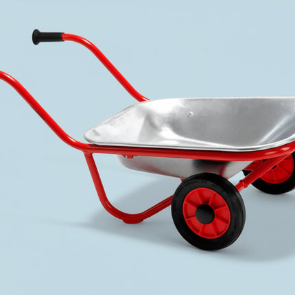 Red and silver wheelbarrow on a white background